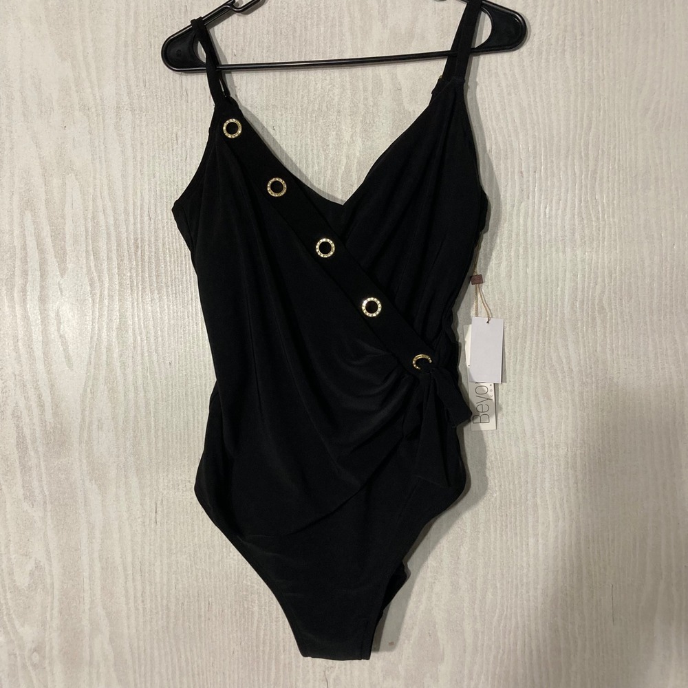 Beyond One Piece Swimsuit Women 14 Black NWT Grommet Wrap Front Tie Comfort Fit